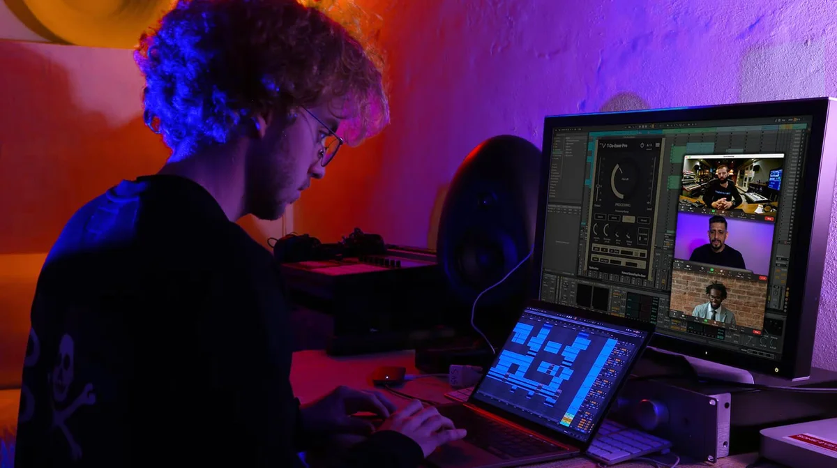 A producer joining a remote music production session from their studio